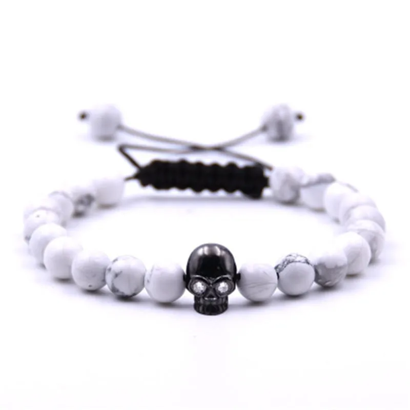 New Hand-woven Skull Head Cubic Zirconia Copper Beads Natural Red Turquoises Lava Stone Beaded Bracelet Bangle Women Men Jewelry | Украшения