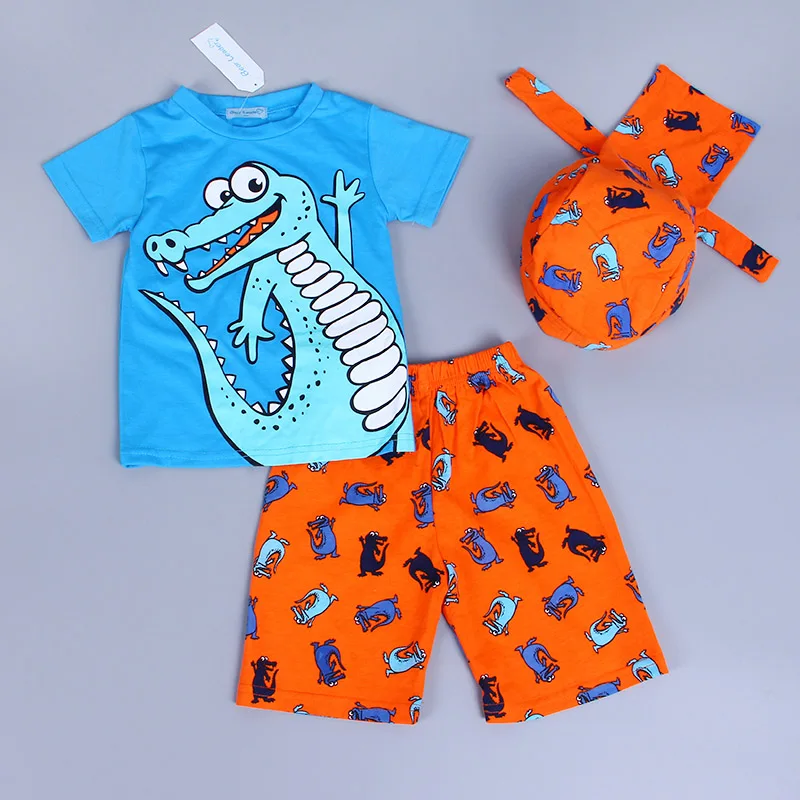 Children clothes 2020 New summer beach style cartoon casual Kids sport suit 3 Pieces hat T shirt pants baby boys clothing set |