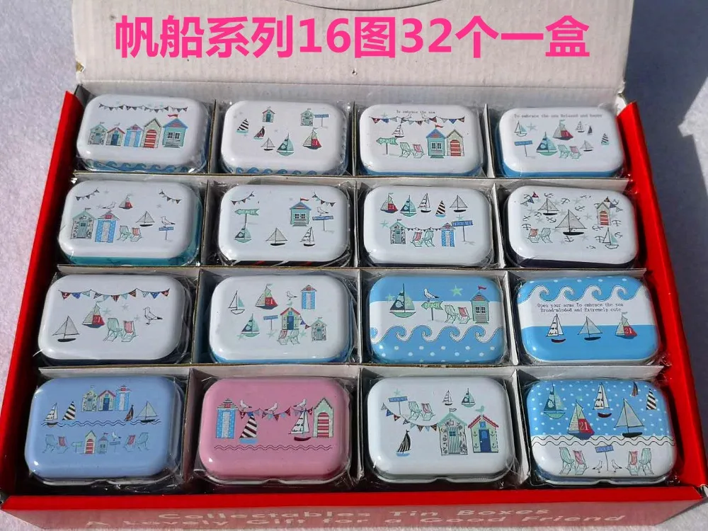 

32Pc/Lot Sailing Boat Style Mini Cover Iron Tin Metal Case / Can/Pill Cute Small Kit/Candy Storage Gift Box