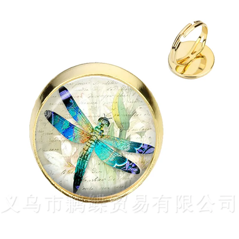 

Кольца с изображением стрекозы, с изображением насекомых, 16 мм, стеклянный кабошон, золотой купол, 2 цвета, регулируемые кольца для девочек