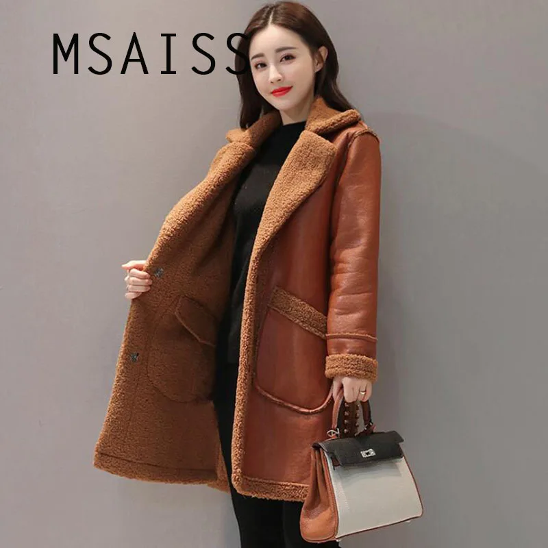 MSAISS Double-sideSheepskin Coat Women Winter Leather Jacket Brown Wine Shearling Coat Fur Collar Warm Leather Jacket Outerwear