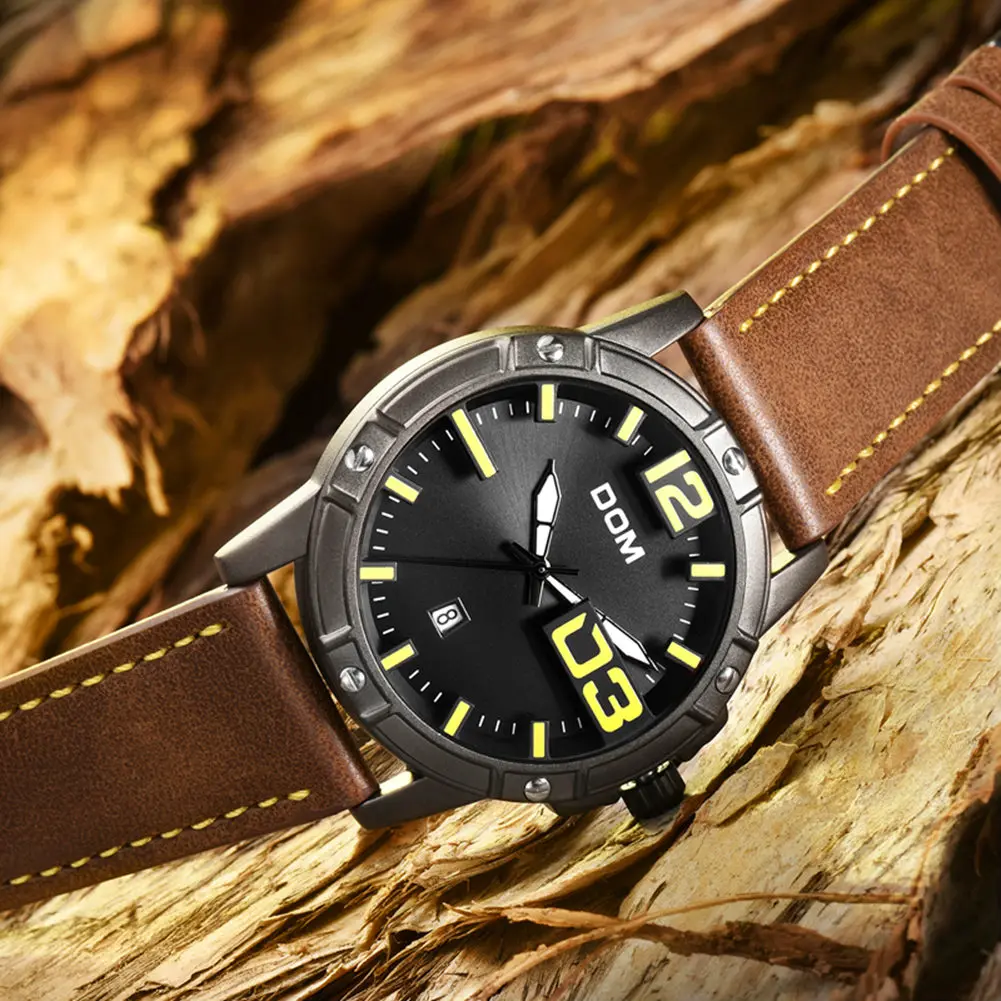 DOM часы для мужчин Винтаж Кожаный ремешок большой циферблат спортивные s Zegarek Meski