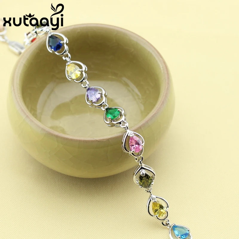 Fashion Jewelry Multi-Color Gems Silver colorOverlay Bracelet For Women Adjustable Link Chain Length 19+3 cm Free Box | Украшения и