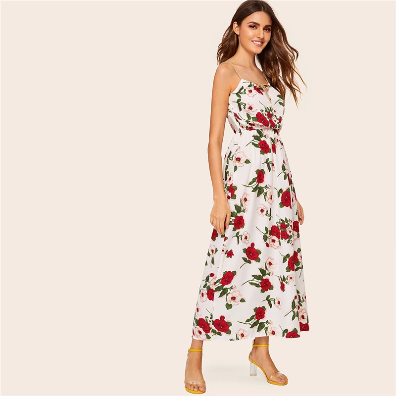 COLROVIE оплетенный ремешок из искусственного жемчуга с цветочным принтом Boho Cami длинное платье женское летнее Плиссированное пляжное платье без рукавов