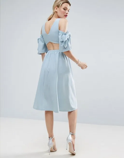 2017 женское платье трапециевидной формы с открытыми плечами и бантом светло