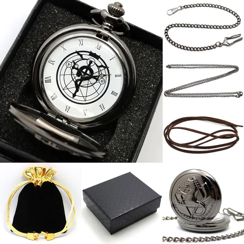 

New Gift Boxed Fullmetal Alchemist Edward Elric's Pocket Watch with chain Cosplay Anime boy leather strap wish gift bag gift box