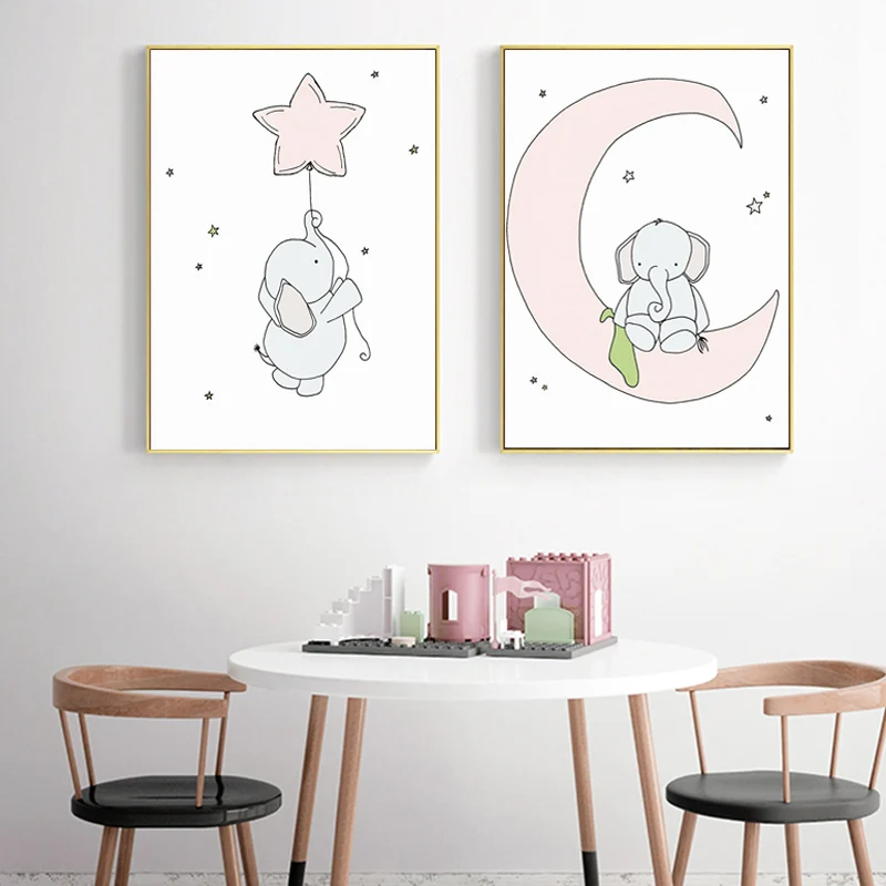 

Baby Animal Canvas Painting Elephants Moon Posters and Stars Prints Nursery Wall Art White Pink Pictures for Living Room Decor