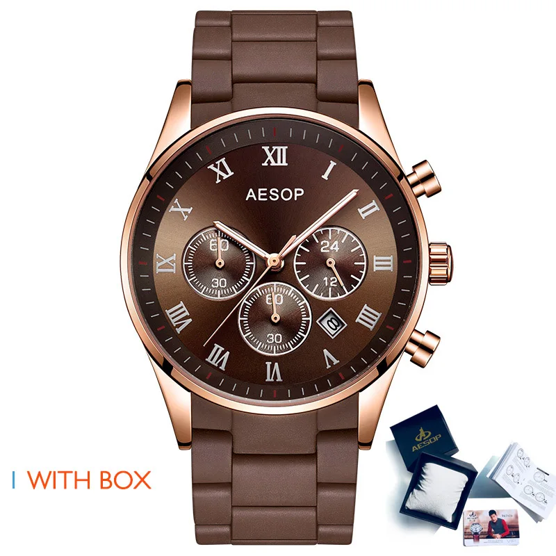 Brown with box AESOP мужские спортивные часы из розового золота, мужские наручные часы, мужские часы с силиконовым и легированным ремешком, кварцевые наручные часы, мужские часы - Цвет: Brown with box