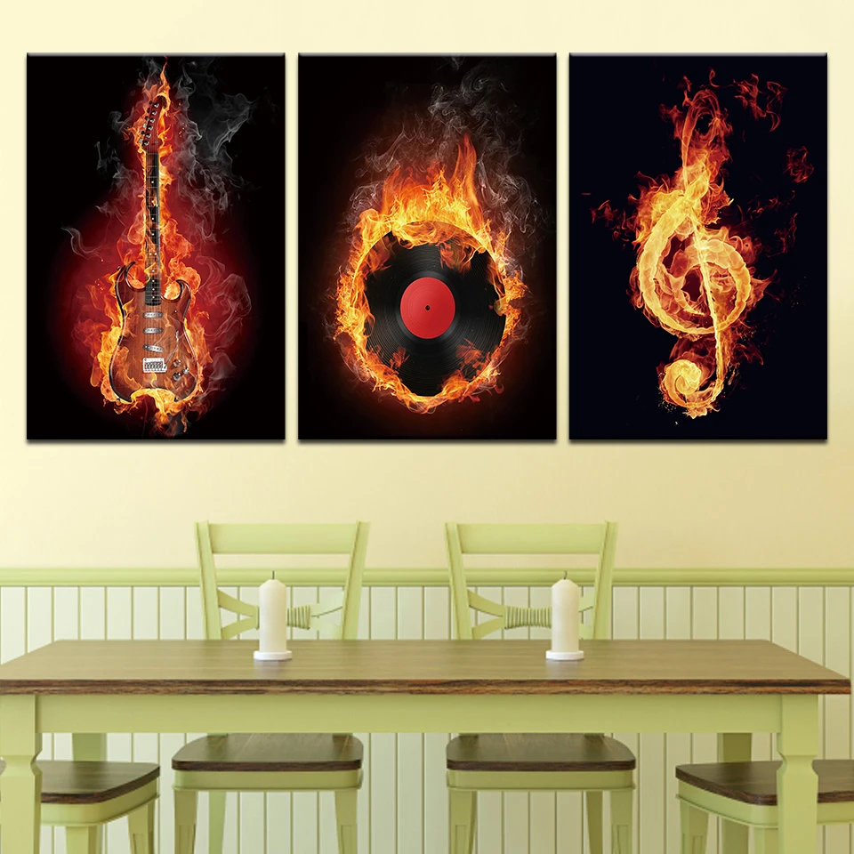 3 предмета Wall Art Изображение пламя игровая музыка гитара холст для живописи