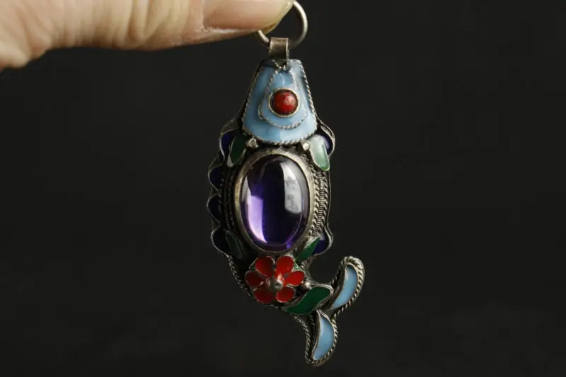 Старинная китайская старинная Нефритовая инкрустация CLOISONNE MIAO Серебряная ручная