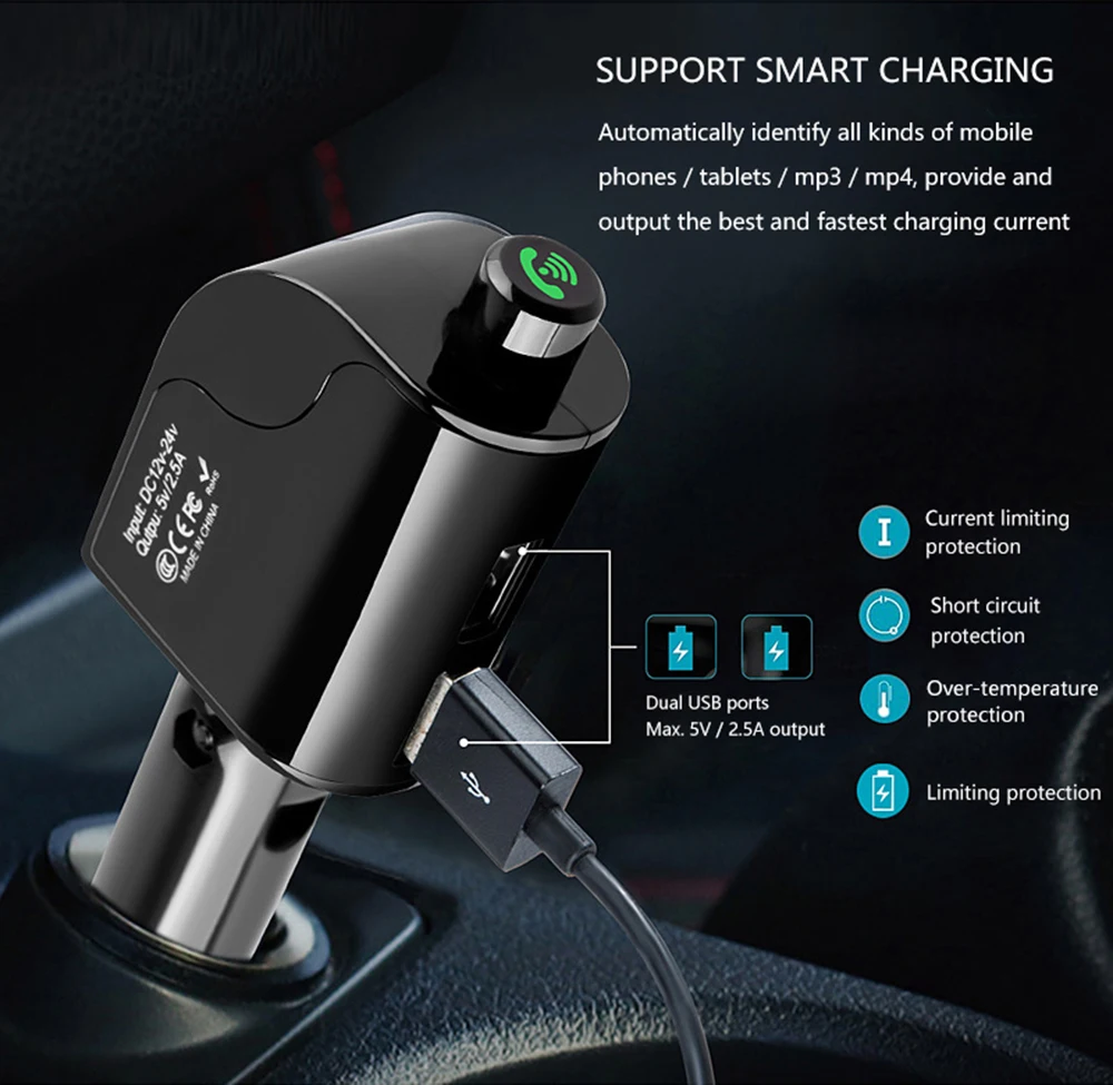 Onever поворотный Bluetooth автомобильный набор, свободные руки, FM передатчик MP3 плеер FM модулятор с 2.5A двойной зарядное устройство USB Поддержка TF-карты/U диск