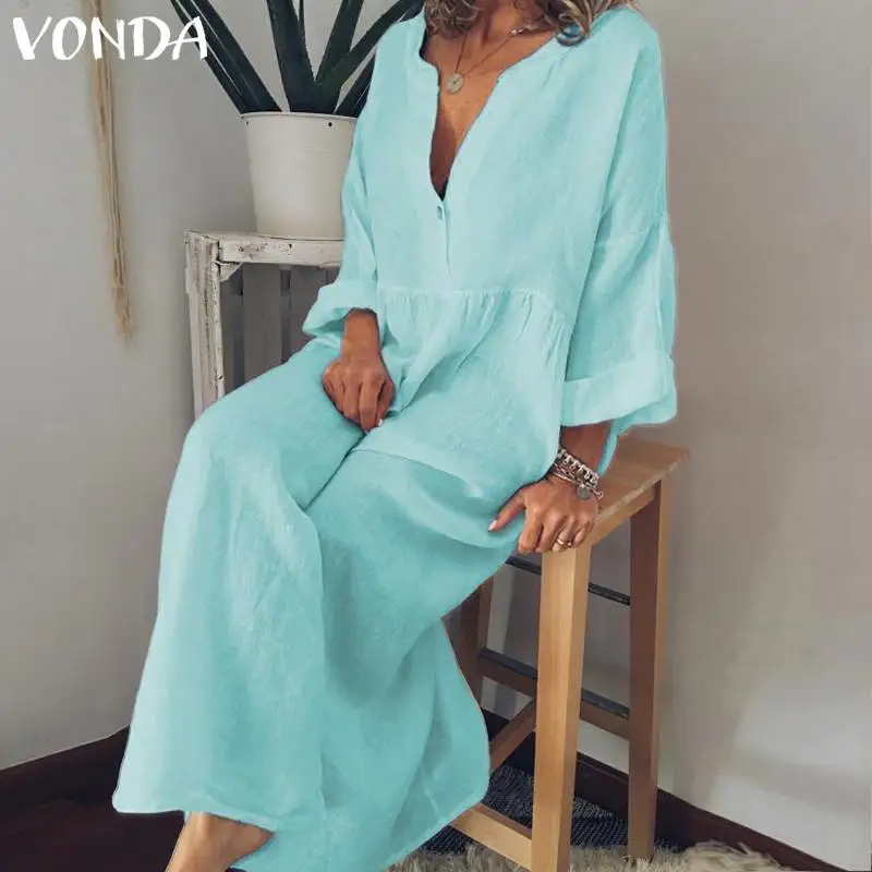 VONDA, платье-рубашка, женский сарафан, летний, длинный рукав, v-образный вырез, длинное, макси, Vestidos, Женская Повседневная Туника на пуговицах, халат размера плюс