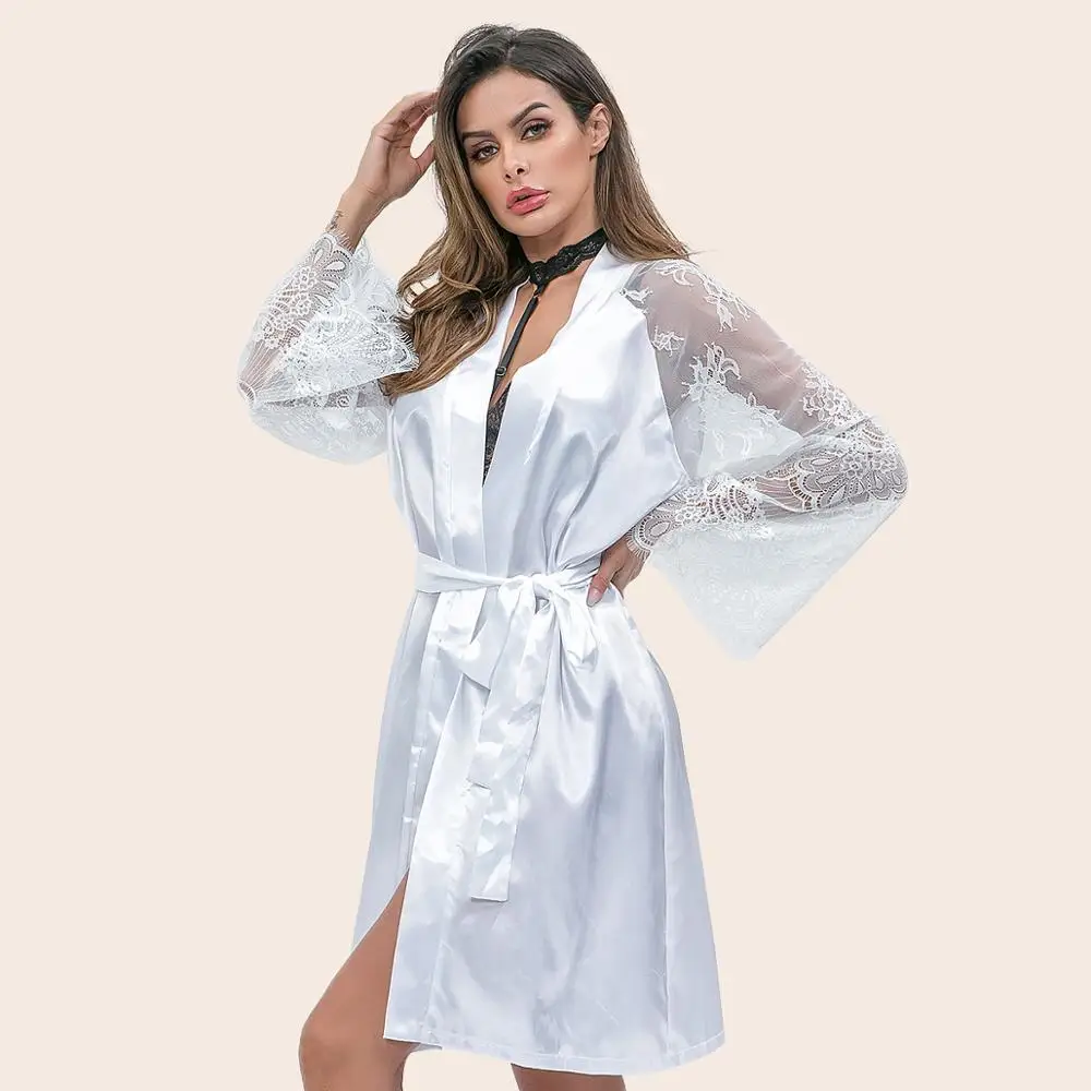 Сексуальная муссовая Пижама кружевное кимоно с длинными рукавами шелковые