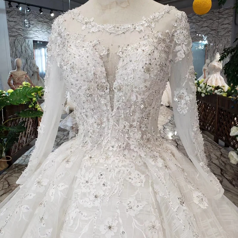 Musim Wedding Dress with long sleeve o-neck lace up back like white bridal dress gown brush train abiti da sposa 2020 HTL298 | Свадьбы и