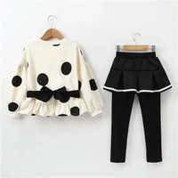 dfxd 2018 spring new arrival teens girls clothes set cotton long sleeve dot print back bowknot topskirt pant 2pc girls outfits