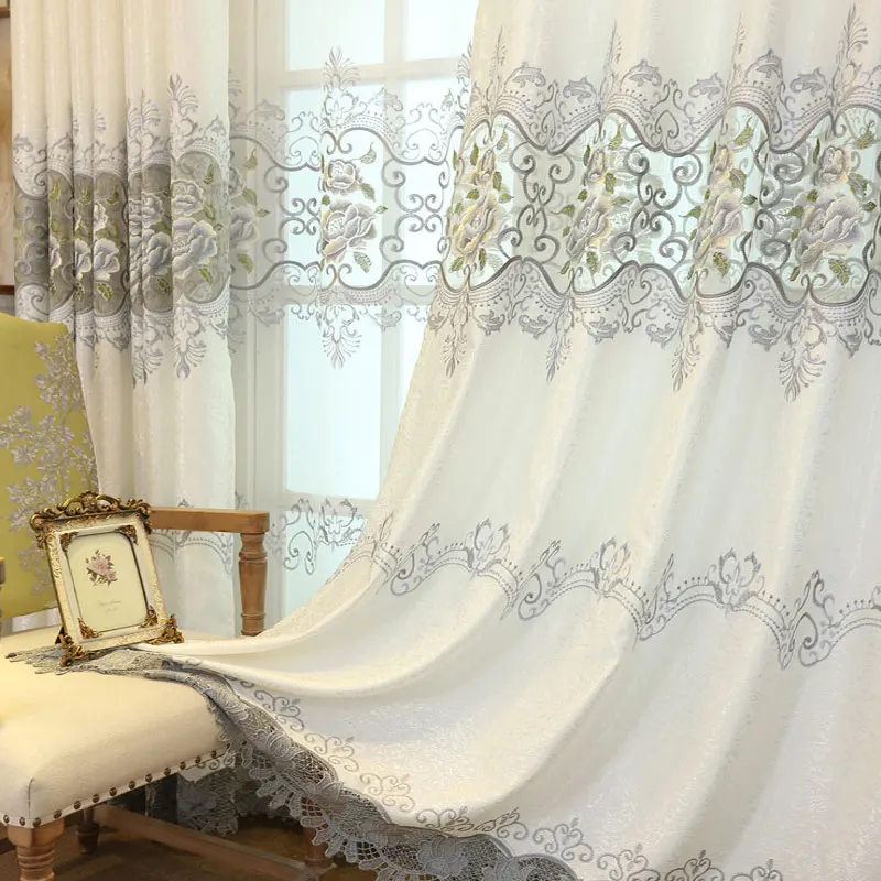Европейские роскошные вышитые занавески для гостиной серебристые белые спальни