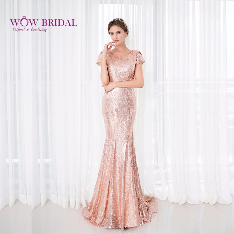 

Wowbridal Золотое свадебное платье с блестками с длинными 2021 Русалка Кепки с длинным рукавом Платья для подружек невесты