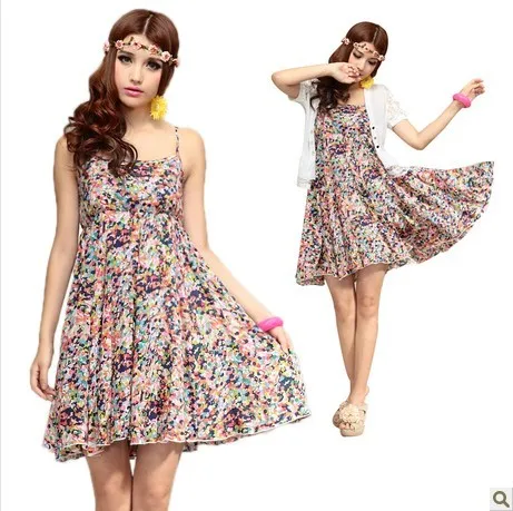 

women bohemia floral print spaghetti strap can adjust high waist basic beach cotton dress