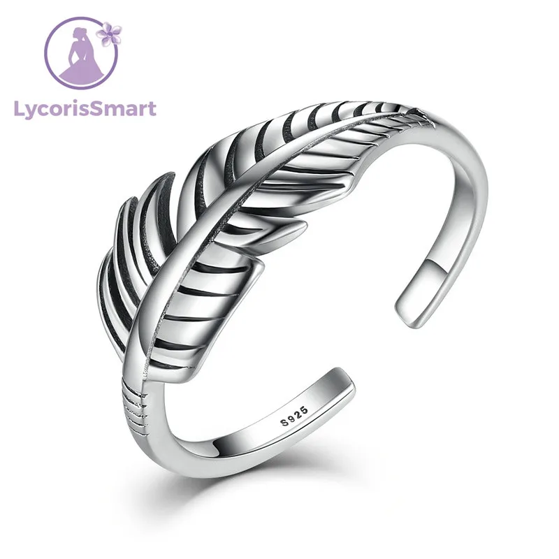 

2017 Hot Sale Authentic 925 Sterling Silver Feather Vintage Band Cuff Adjustable Open Ring for Women Fine Jewelry