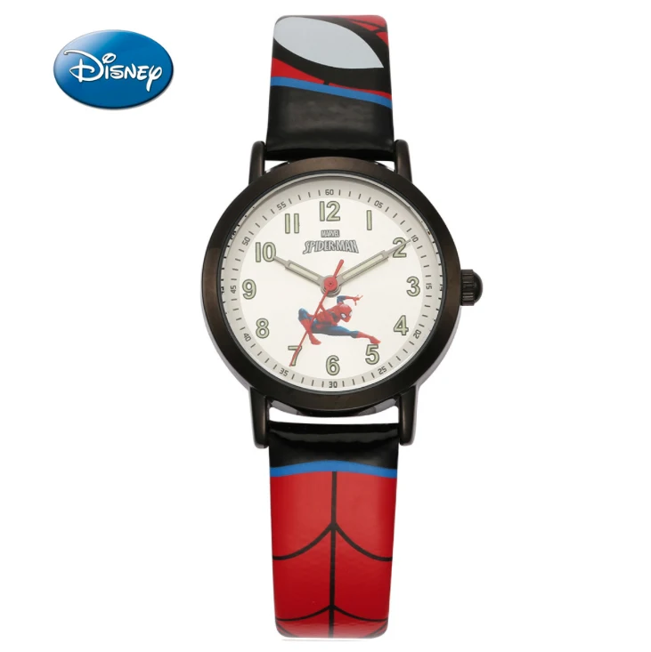 Бренд disney оригинальная подарочная коробка мультфильм Человек-паук Дети Мальчики Часы Кожа Кварцевые синий черный водонепроницаемый студенческие часы