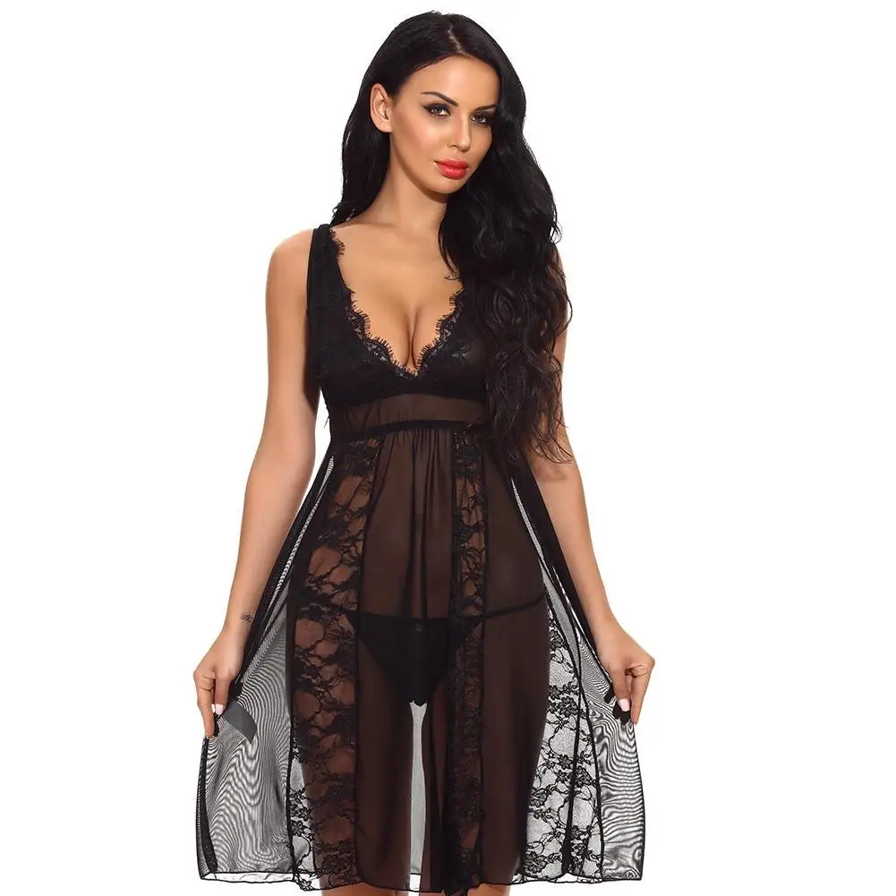 Women's Lace Lingerie Long Robe Sleepwear Chemise V Neck Babydoll Nightwear Sexy Dress | Женская одежда