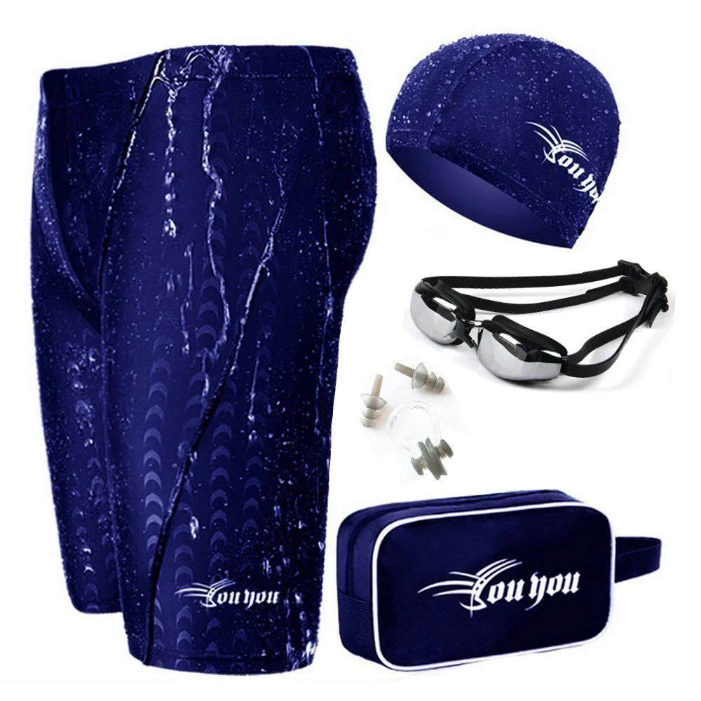 Shark skin blue Мужские купальные костюмы, одежда для плавания с очками для плавания, заглушки для ушей, зажим для носа и мужские плавки, Шорты для плавания для мужчин - Цвет: Shark skin blue