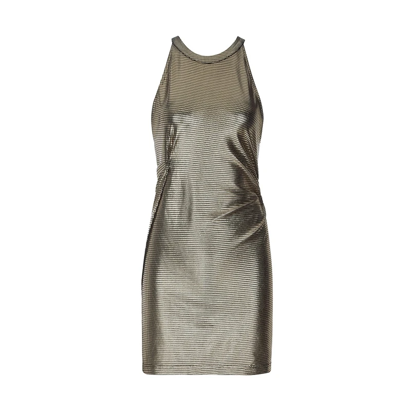 

INDRESSME 2019 Vestidos Women Sexy Gold Halter O Neck Backless Slit Bodycon Mini Dress Party Club Sleeveless Summer Dress Hot