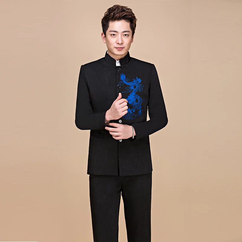 Black white yellow male suits mens chinese tunic suit set style stand collar men formal dress embroidery dragon | Мужская одежда