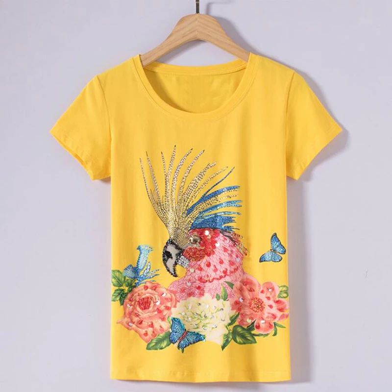 Новинка 2018 летние хлопковые женские футболки с принтом попугаев и бисером