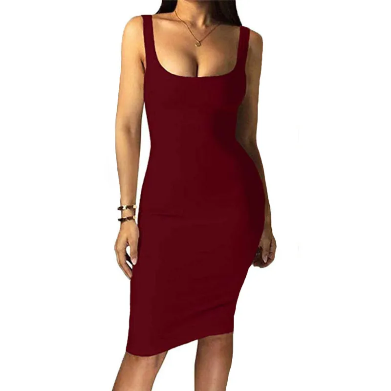 

New sexy women summer solid sheath knee-length dress Fashion Summer sleeveless O Neck party club vestidos sundress femme clothes