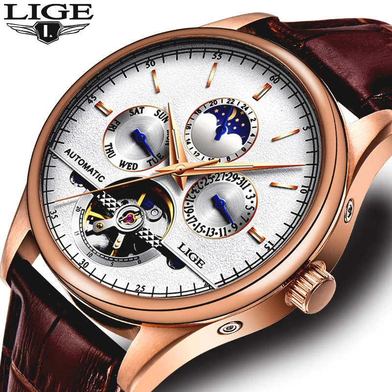 LIGE 2019 Топ бренд роскошные модные мужские кожаные часы Tourbillon автоматические