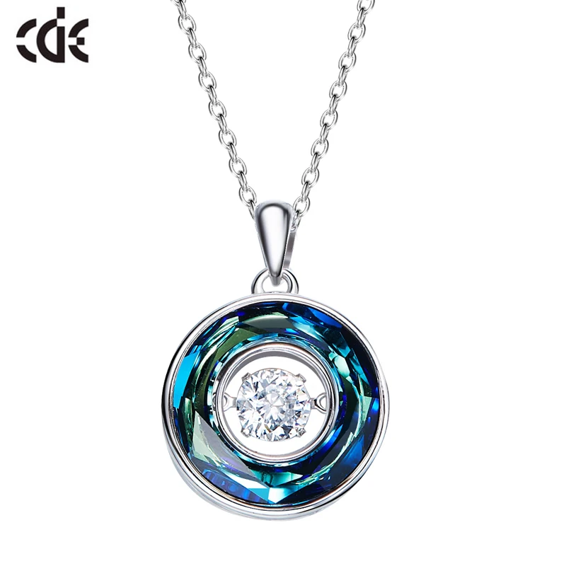 Blue CDE 925 пробы Серебряное ожерелье украшено кристаллами от Swarovski Круглый Кулон ожерелье Женская цепочка на шею ожерелья - Цвет камня: Blue