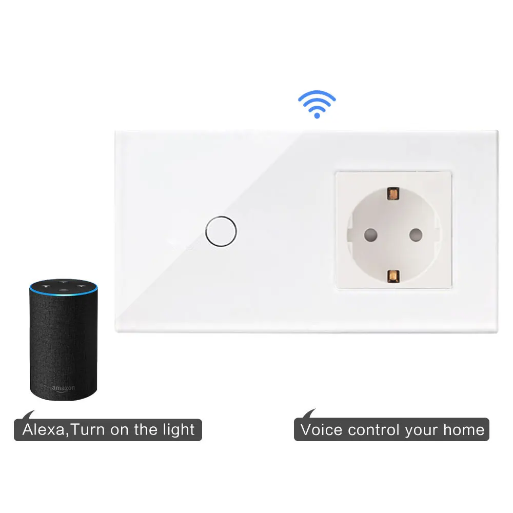 Bingoelec 1 комплект 1 способ wifi сенсорный переключатель с немецкой розеткой стандарт ЕС Хрустальная стеклянная панель умный дом автоматизация настенный переключатель