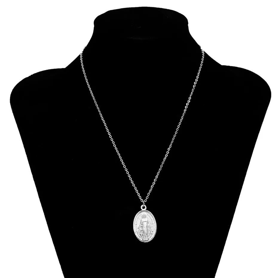 Silver Ingemark, простое, винтажное, резное ожерелье с кулоном в виде монеты, крупное лицо, Богиня Девы Марии, розы, ангела, длинная цепочка, ожерелье для женщин - Окраска металла: Silver