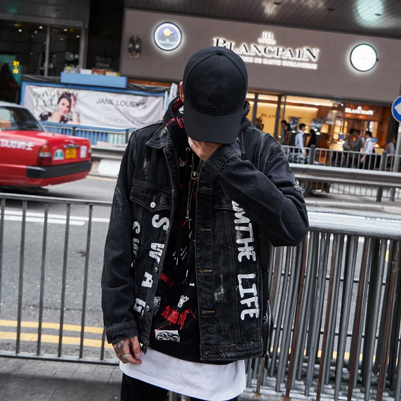 Hip Hop Denim Jackets Men Harajuku Letter Print Jeans Jacket Coat Mens Hole Destroyed Jeans Jackets Streetwear Black WG352