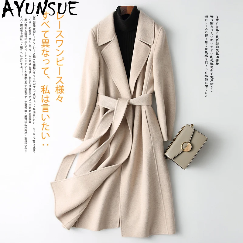 AYUSNUE Wool Coat Women Double Sided Long Wool Jacket Spring Autumn Overcoat Korean Abrigos Mujer Elegante M061 KJ2540