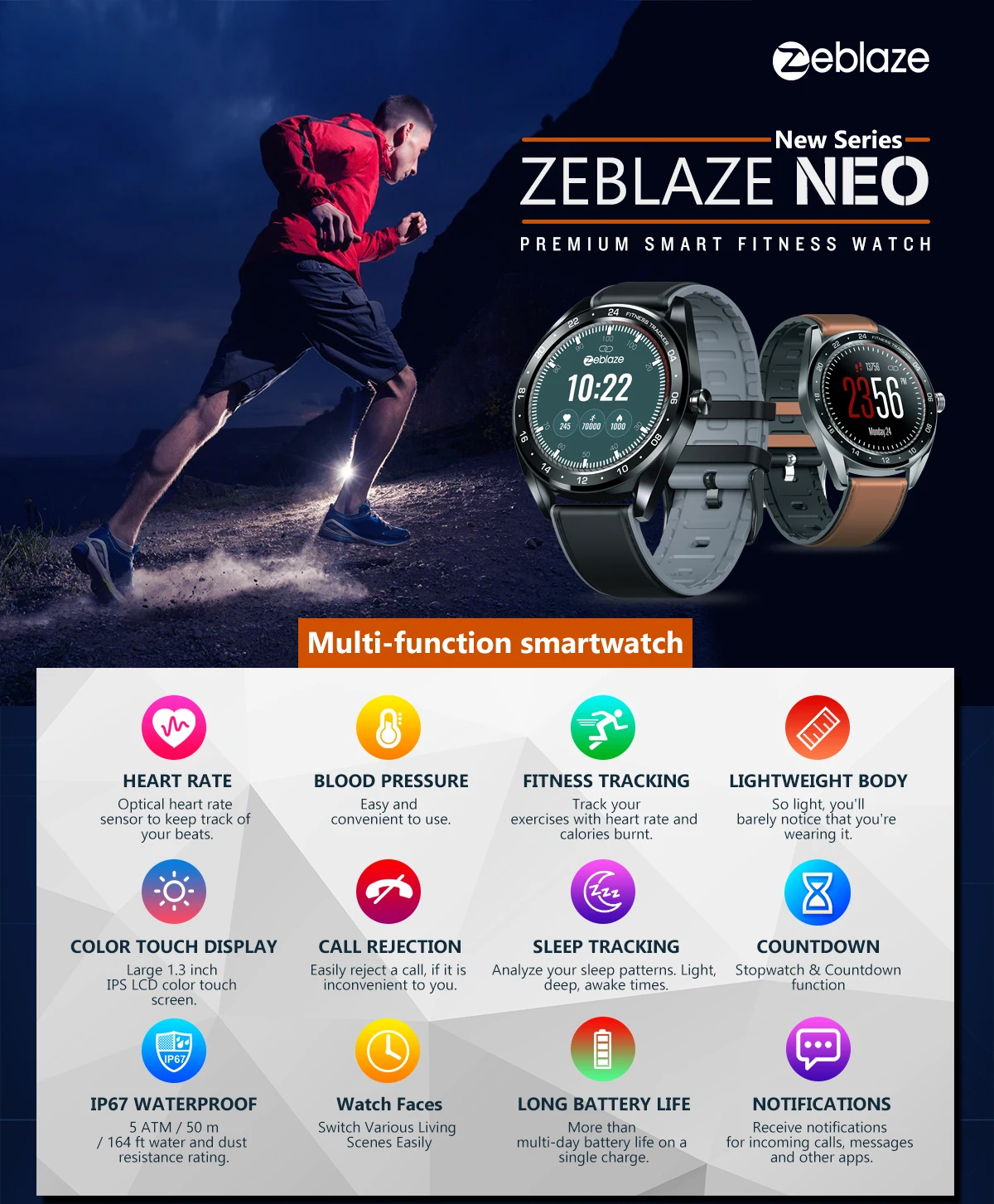 Zeblaze NEO серии цветной сенсорный дисплей Smartwatch сердечный ритм кровяное давление Женский Здоровье обратный отсчет вызов отклонение WR IP67
