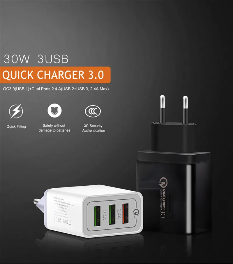 Быстрое зарядное устройство QC 3,0 USB зарядное устройство EU/US Быстрая зарядка мульти разъем 3 порта 3A смарт-зарядное устройство для мобильного телефона для samsung S10 Xiaomi Mi9
