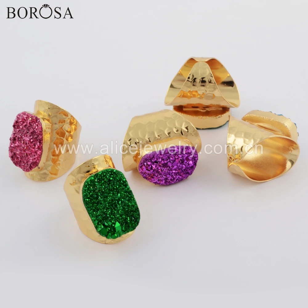 BOROSA 5 шт Позолоченные натуральные Агаты Титан Радужная Друза кольцо красочные