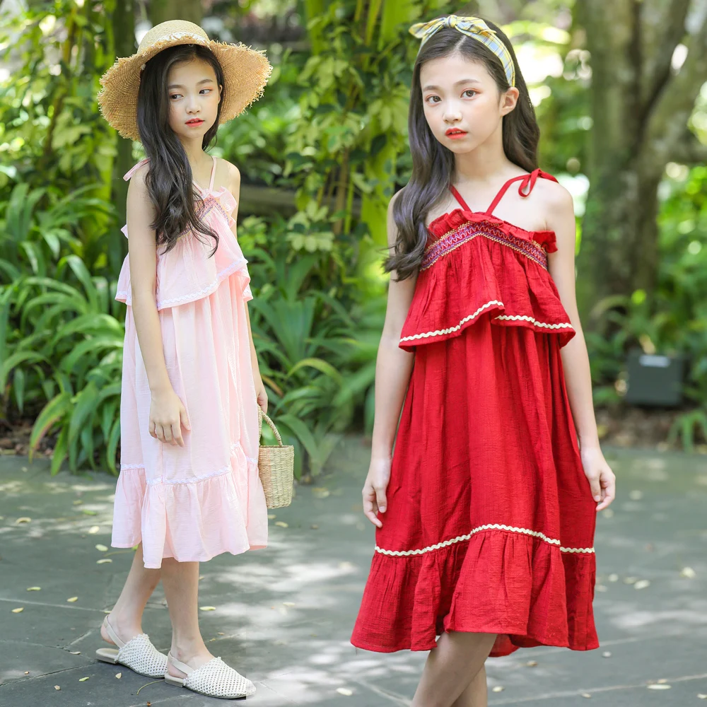 B-646 2019 New Fashion Summer Girl Casual Sling Dress Child Red Dresses Popular Holiday Bare Shoulder Sleeveless Beach | Детская одежда