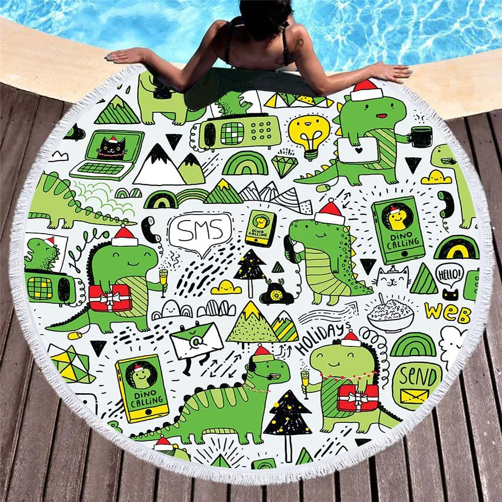

Fashion Lovely Large 150*150 Microfiber Fabric Bath Towel for Children Adults Thick Dinosaur Print Home Decor Round Beach Towel