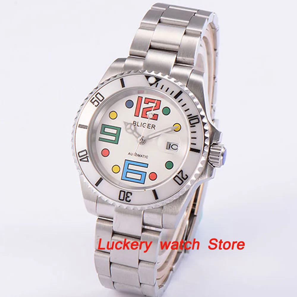 

Bliger 40mm white dial Colorful number Luminous saphire glass;white Ceramic Bezel SUB Automatic movement men's watch-BA26