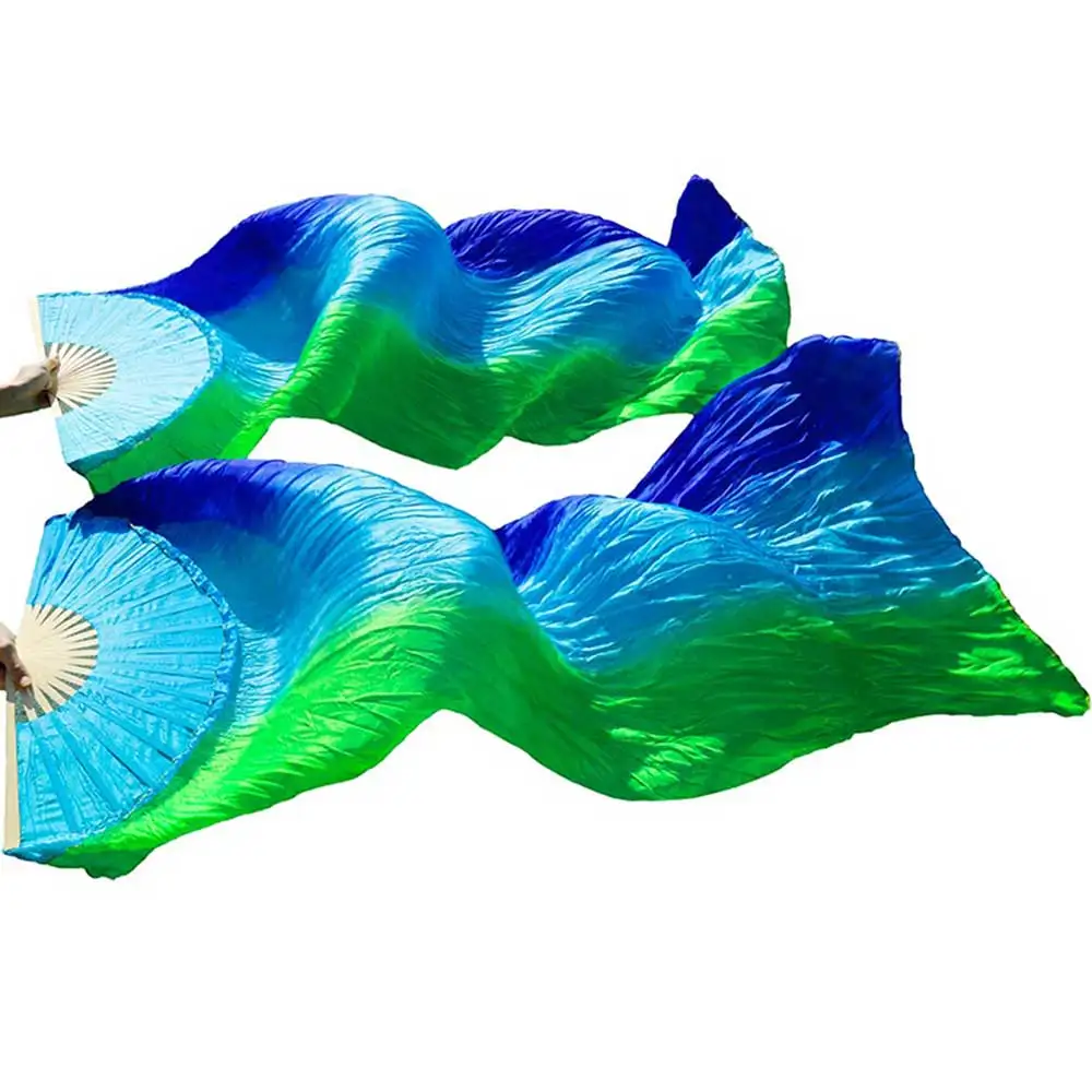 

high quality 100% Chinese silk veils dance fans 1Pair of belly dancing fans Vertical stripes Royal blue+turquoise+green 180x90cm