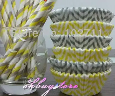 

400 Yellow & Gray Chevron Cupcake Liners, Wedding Polka Dot Cupcake Liners, ColorBlock DESIGNER GREASE RESISTANT Liners