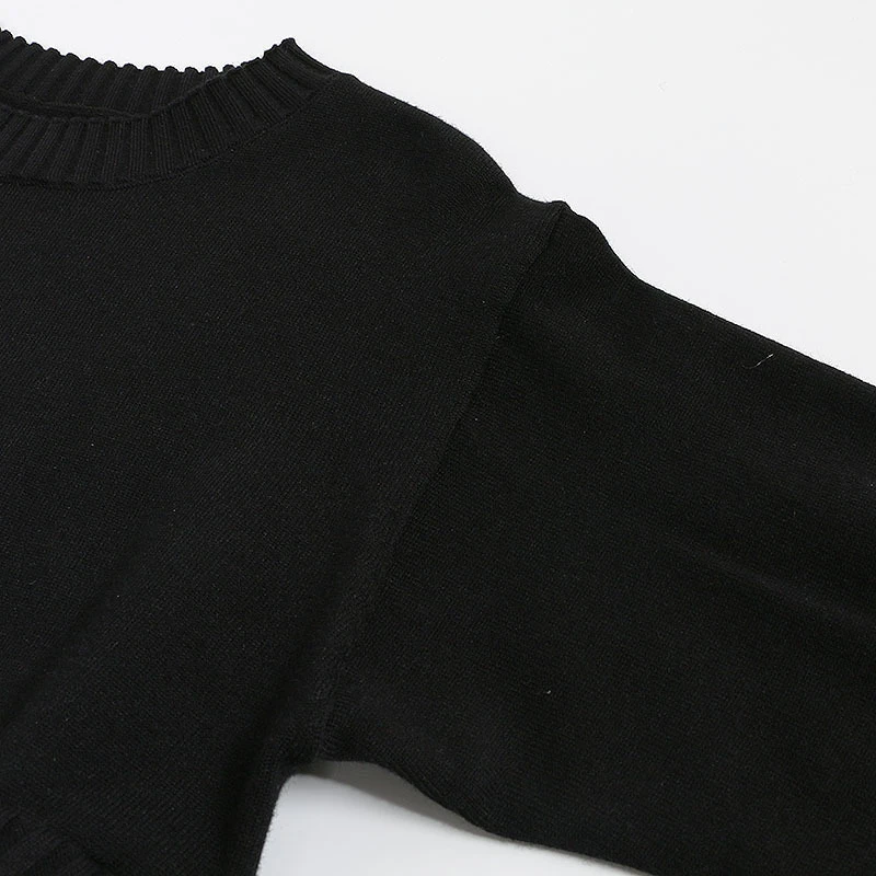 2019 Новый осень-зима шею длинным рукавом черный свободные трикотажные подол
