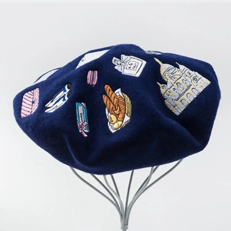 navy blue Новинка года; Зимний вязаный шерстяной берет с вышивкой в виде башни; шапка художника; теплая женская обувь на высоком каблуке; высокое качество; подарок - Цвет: navy blue