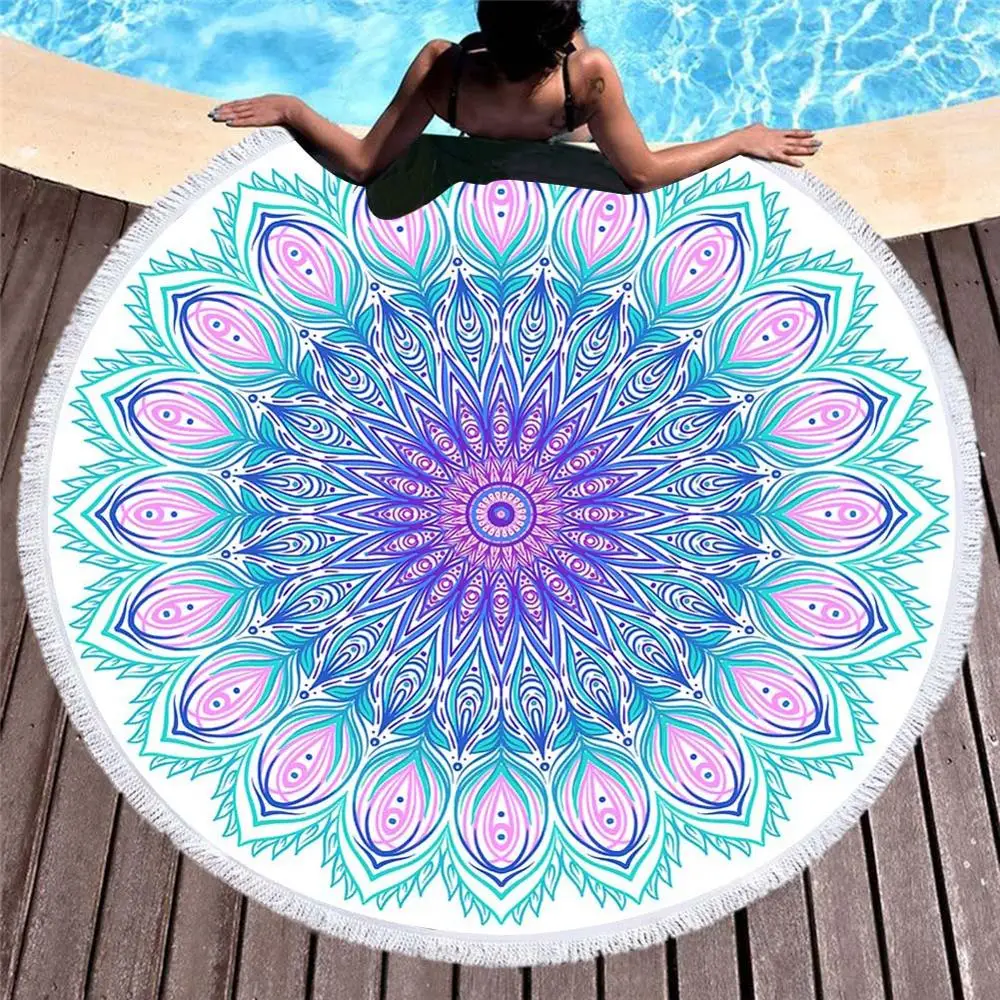 

Free shipping Gift Ethnic Bohemian Mandala Tropical Flower Peacock Feather Fringe Large Round Swim Pool Bath Beach Towel Blanket