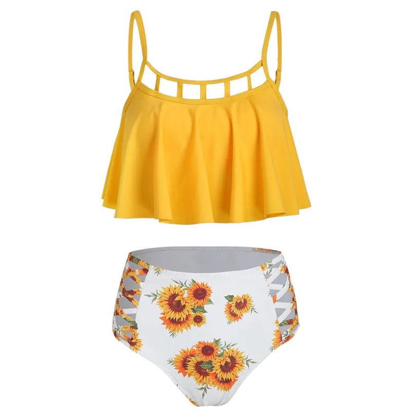 

Bikini Swimwear 2019 Women's Sexy Ruffled Sunflower Print Bikini Set High Waist Bikini Ruffle Bikini Summer Swimsuit Biquini 4as