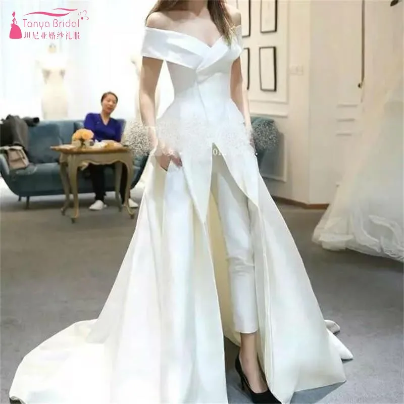 Elegant Off the Shoulder Wedding Dresses Women Jumpsuits With Pockets Custom Satin Two-piece Bridal Gowns Vestido De Novia SS157
