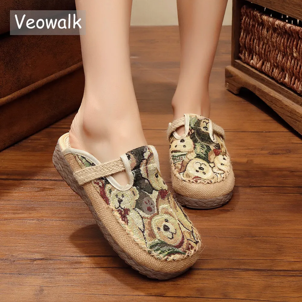 Veowalk Handmade Bear Embroidery Women Linen Cotton Close Toe Flat Slippers Summer Ladies Breathable Comfort Mules Shoes | Обувь